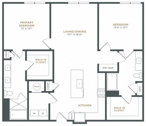 Floor plan for 2 beds, 2 baths, 1363 sqft